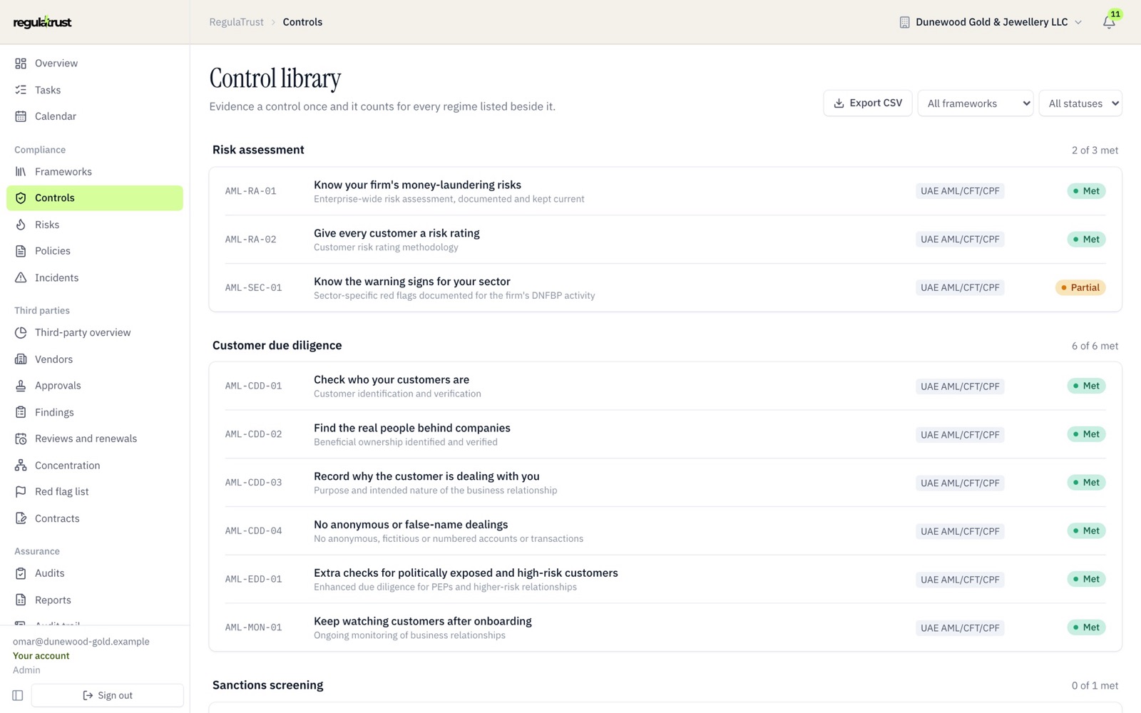 The control library with each control’s status