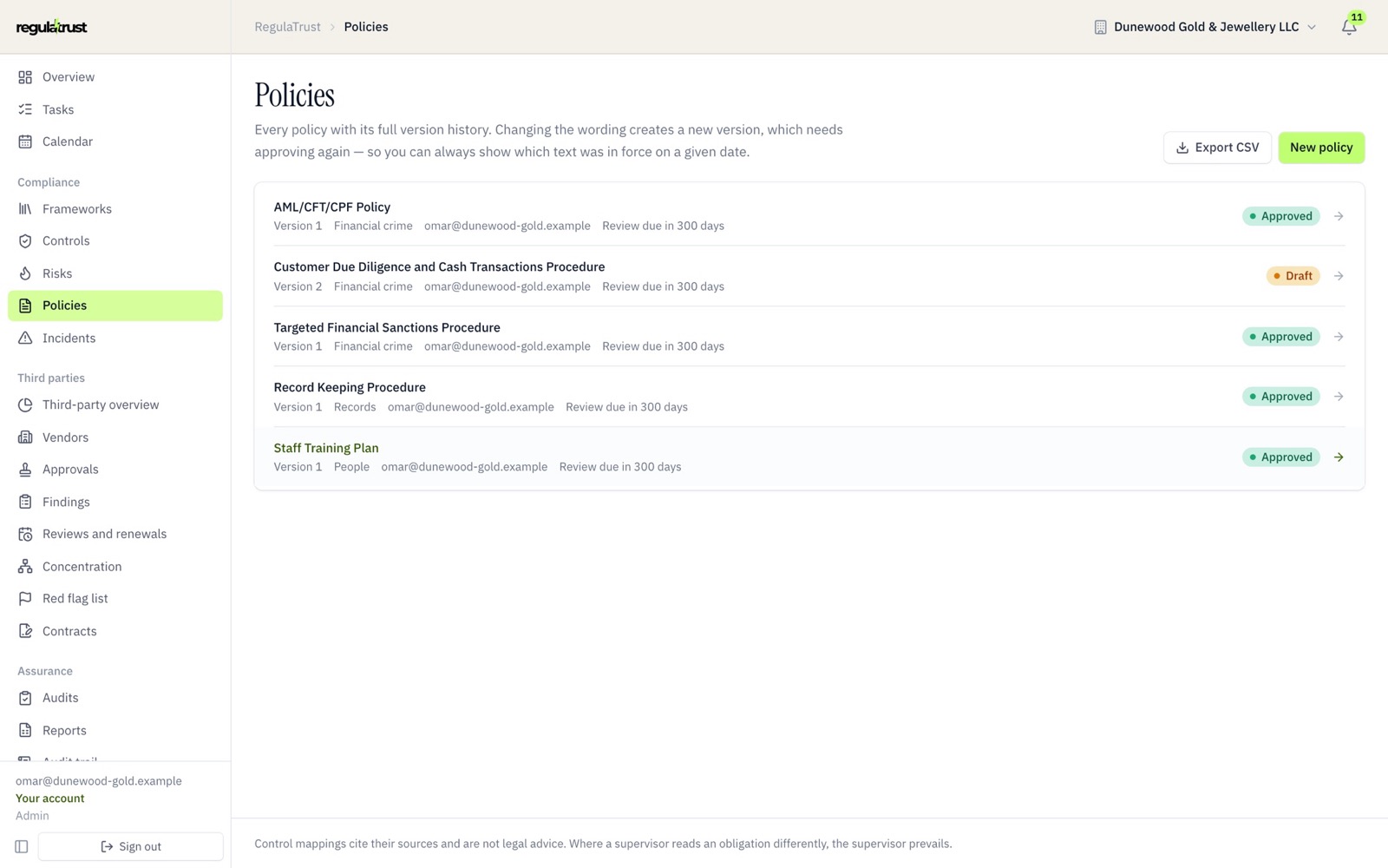 Policies with their version, owner and review date: four approved, one in draft