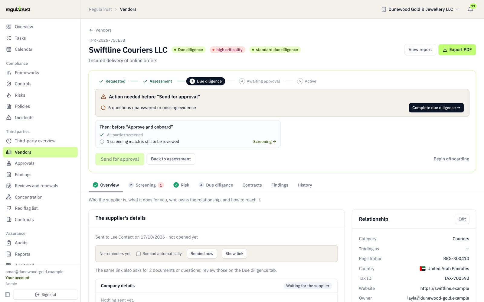 A courier in due diligence: the step bar and what is needed before it can be sent for approval