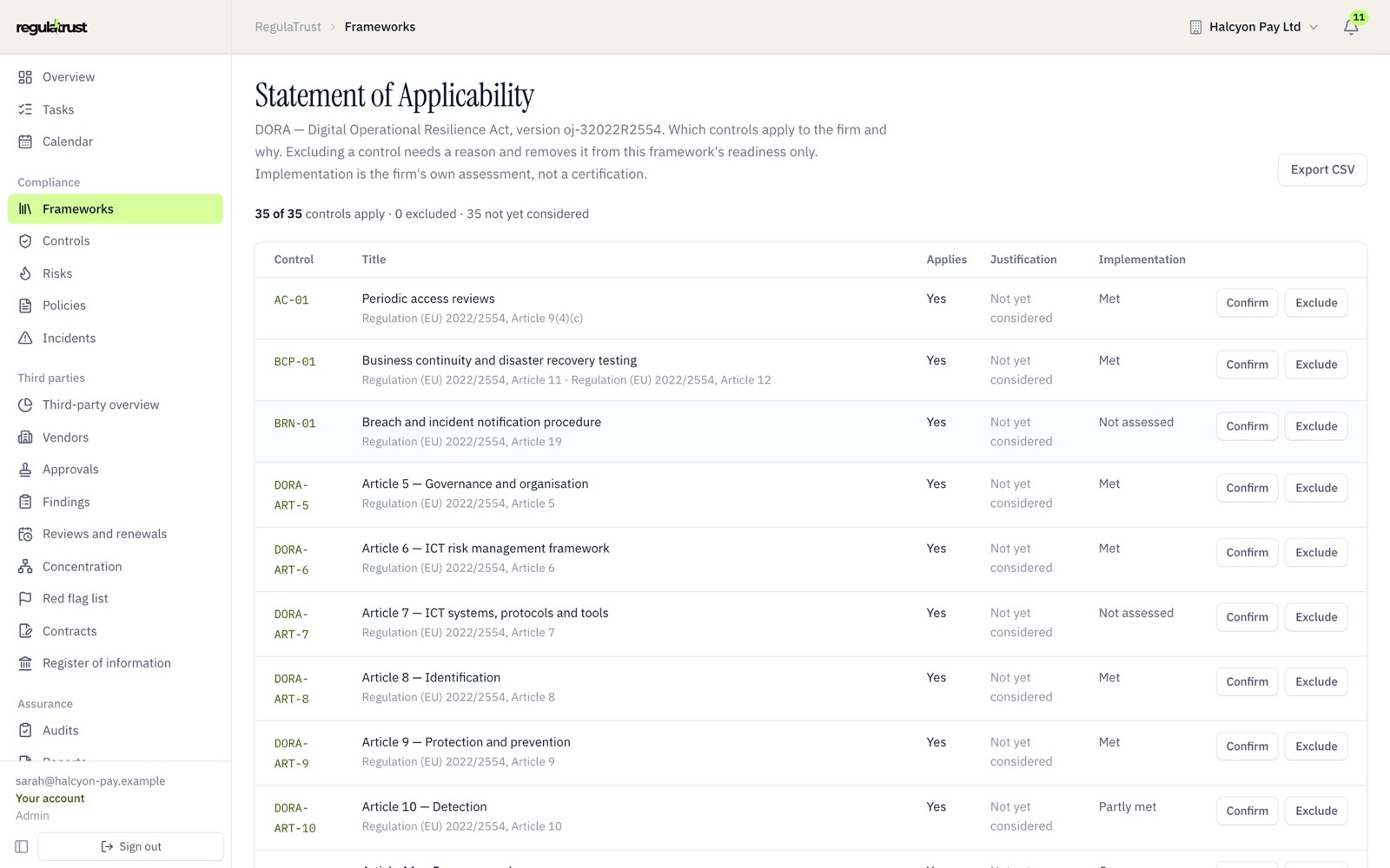 A DORA Statement of Applicability