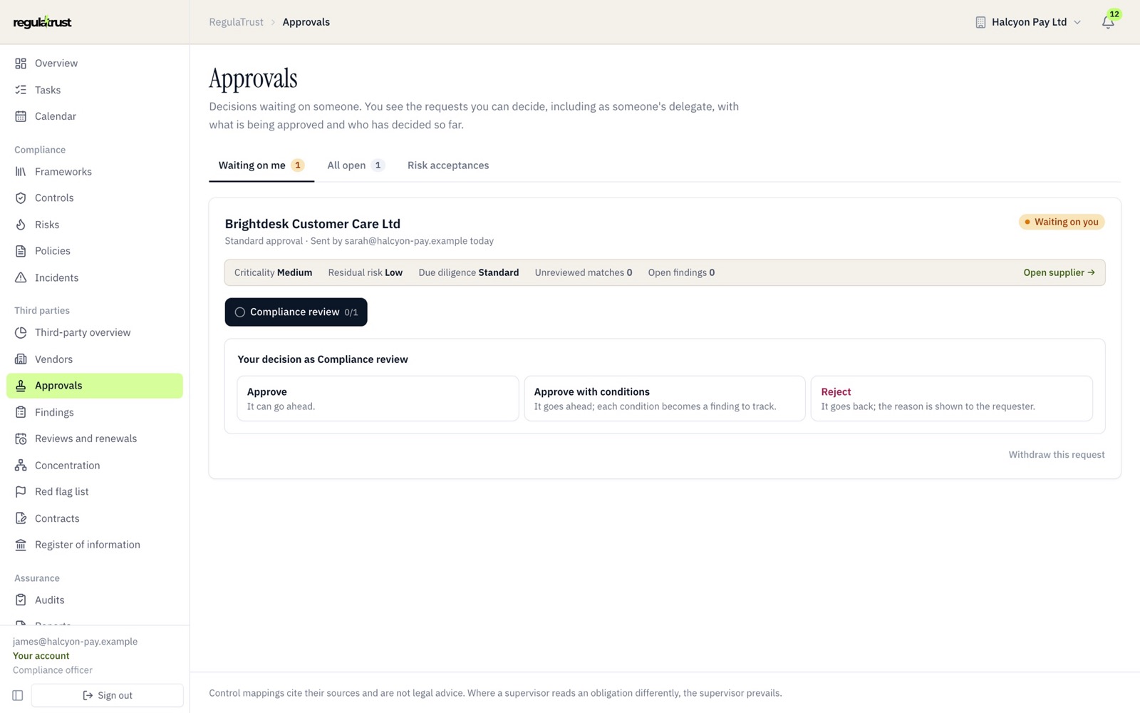 An approval waiting on a compliance analyst, with the supplier’s risk summarised