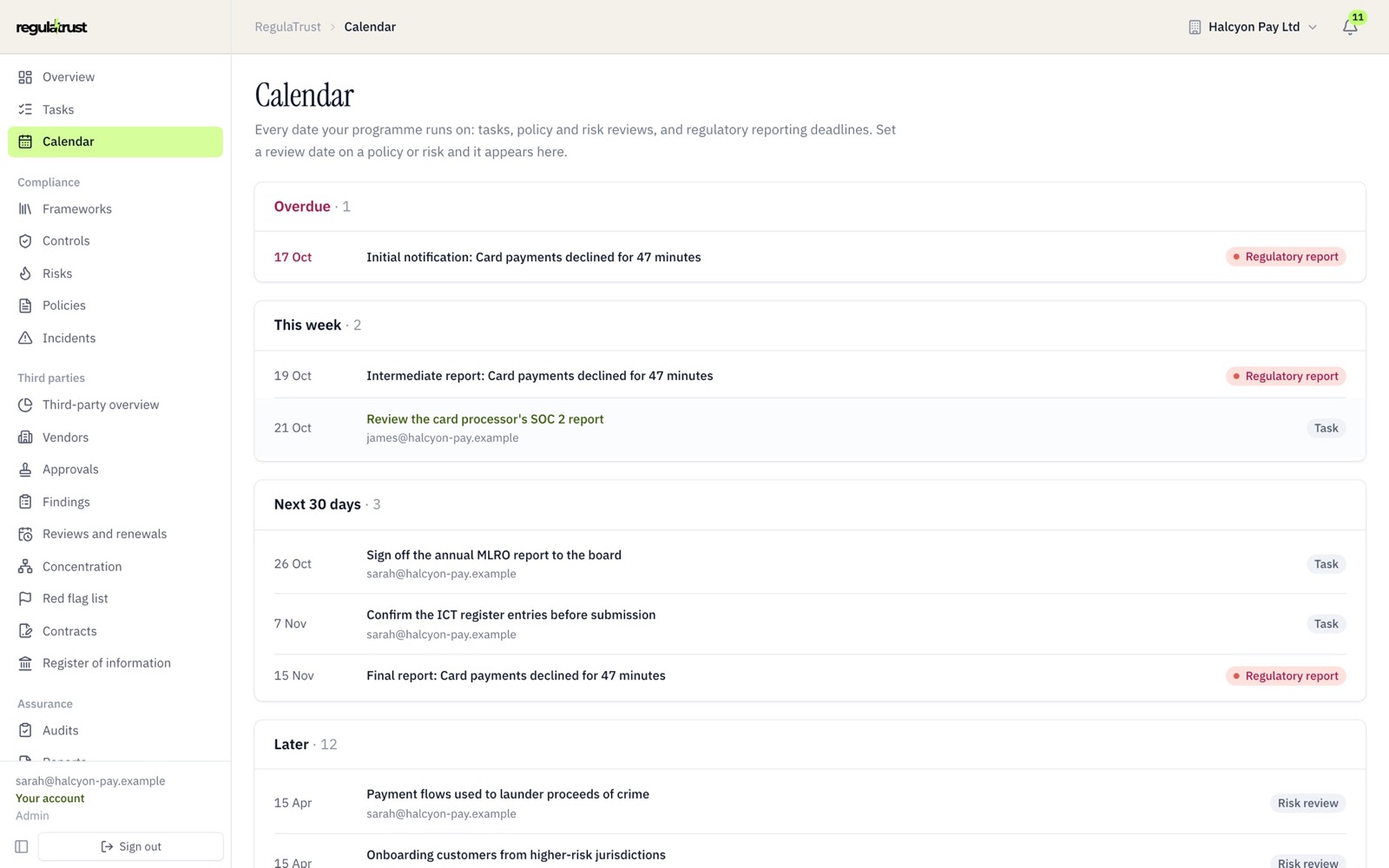 A calendar of tasks, reviews and regulatory reporting deadlines, overdue first