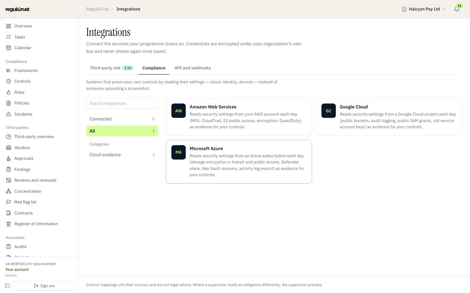 Compliance integrations: AWS, Google Cloud and Azure
