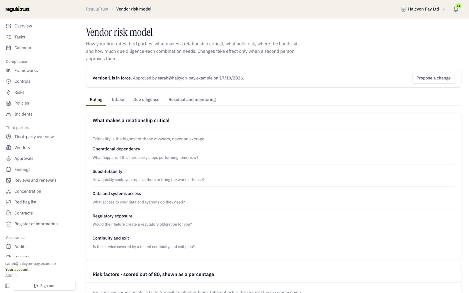 A vendor risk model, in force once a second person approved it