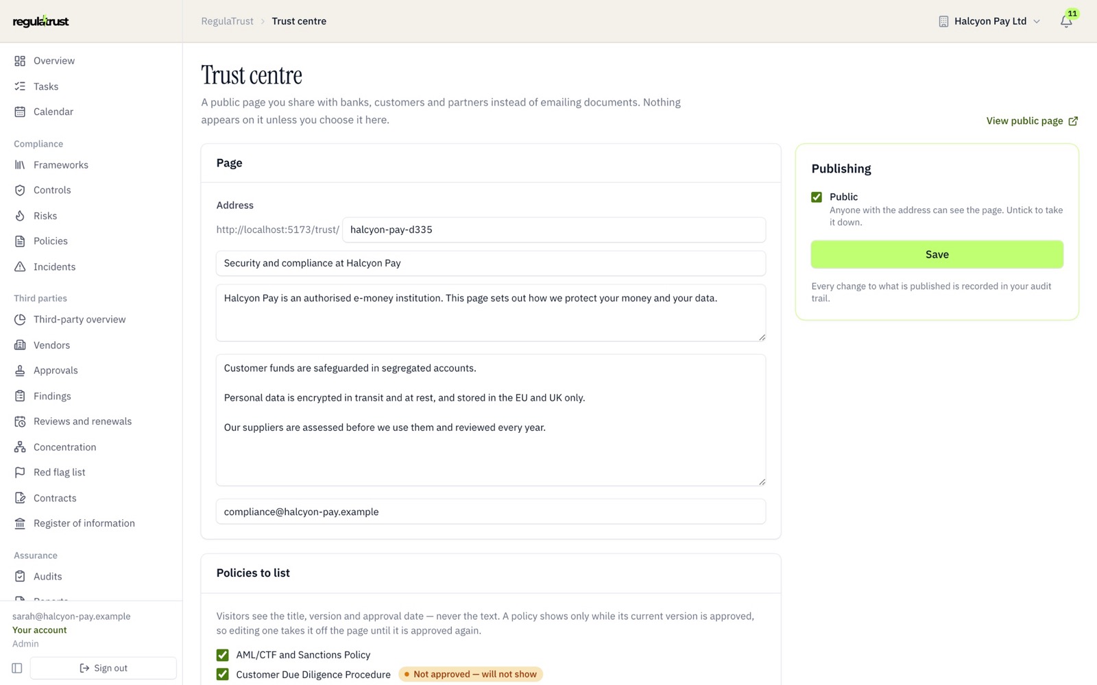 Setting up a trust page
