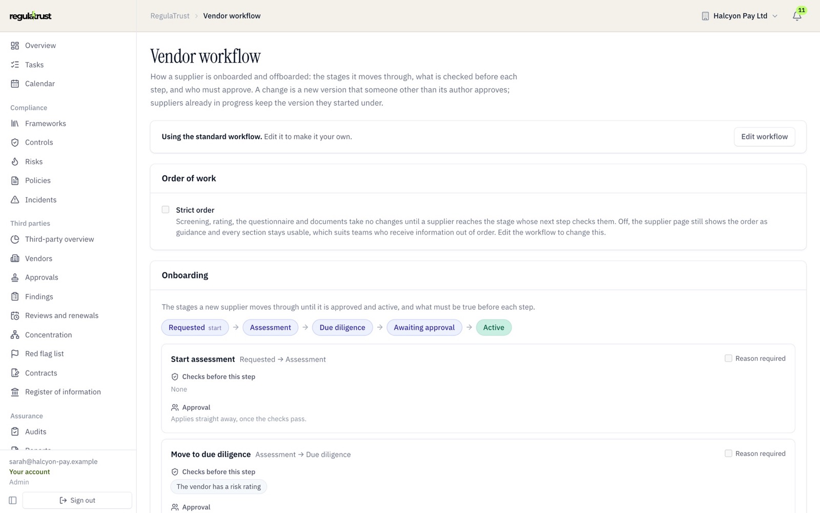 A vendor workflow: the onboarding stages and the checks before each step